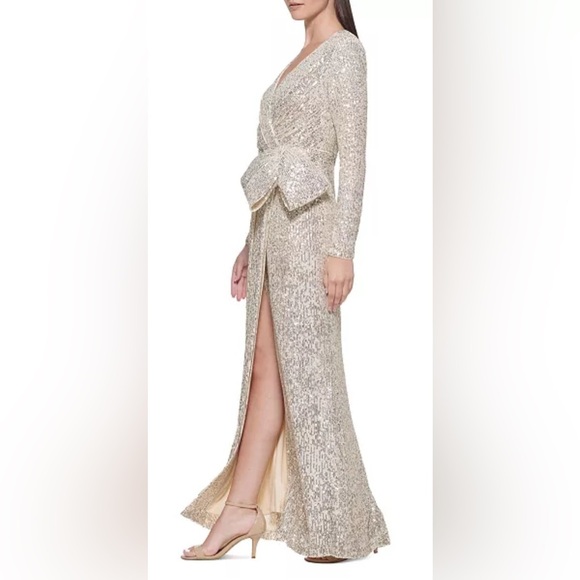 Eliza J Women's Formal Dress Size 6 Gold Sequined Long Sleeve Thigh Slit Gown - Picture 3 of 3